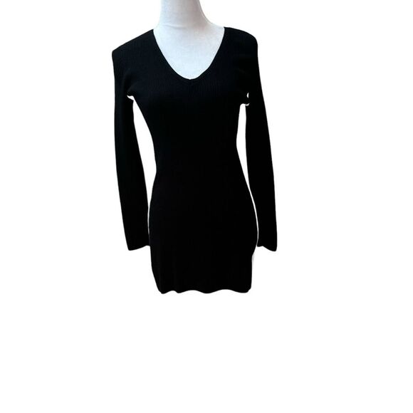 Black Ribbed Knit Bodycon Mini Dress Long Sleeve V Neck - Picture 1 of 7